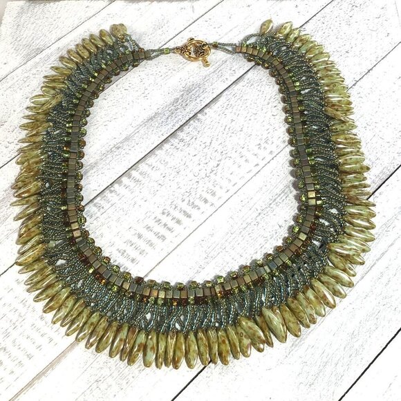 Statement Beaded Fringe Necklace Toggle Clasp Green Brown Blue Beads - Picture 3 of 6
